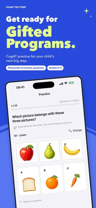 CogAT Test Prep picture classification question with apple, pear and banana and three answer pictures
