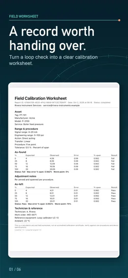 Field calibration worksheet PDF with asset, range and procedure, as-found and as-left tables and technician details