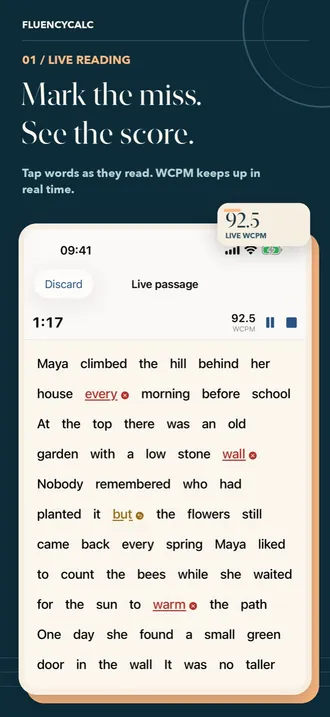 Live passage being marked: tapped error words in red, a 1:17 timer and a live WCPM of 92.5