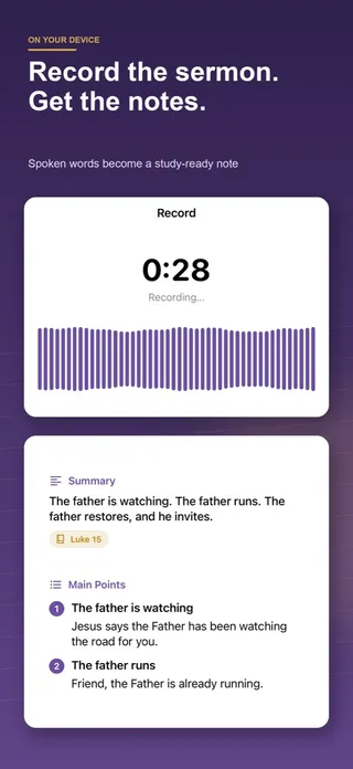 SermonNote Record screen at 0:28 above a Summary and numbered Main Points for a sermon on Luke 15
