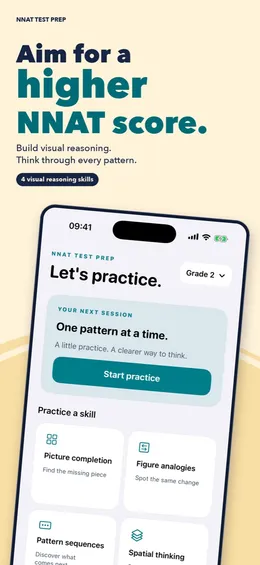Home screen with a grade picker, a start button and four practice skills