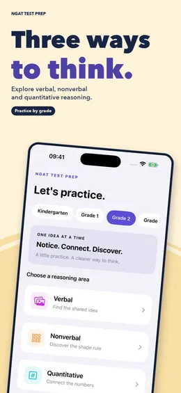 Home screen with a grade picker and the Verbal, Nonverbal and Quantitative practice areas