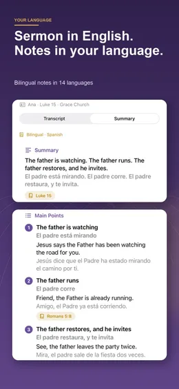 Bilingual notes: each main point of a Luke 15 sermon in English with its Spanish translation underneath, and a Bilingual · Spanish label