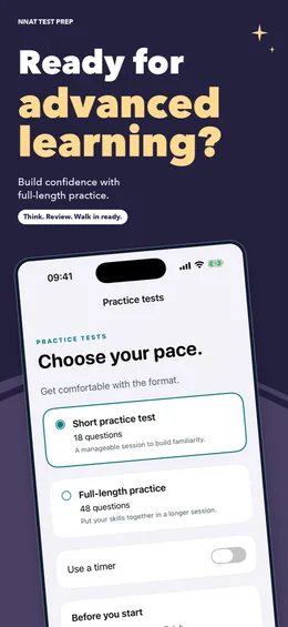 Practice tests screen: an 18-question short test, 48-question full-length practice and a timer switch