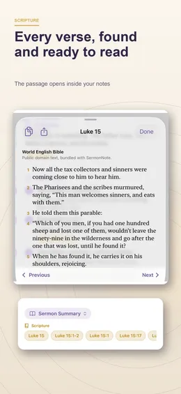 Luke 15 opened in the built-in World English Bible from a Scripture chip, with Previous and Next buttons and the sermon’s other references below