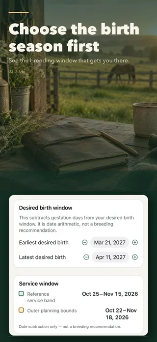 Reverse planning in Livestock Gestation Tracker: desired births March 21 to April 11, 2027 give a service window of October 25 to November 15, 2026