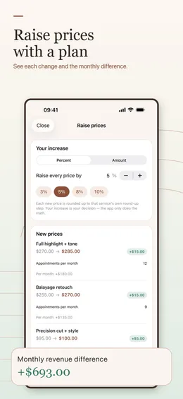 The raise-prices planner with a 5% increase, each service’s old and new price, and the monthly revenue difference