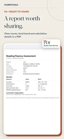 PDF reading fluency assessment report with student, passage, results table, level band and calculation basis