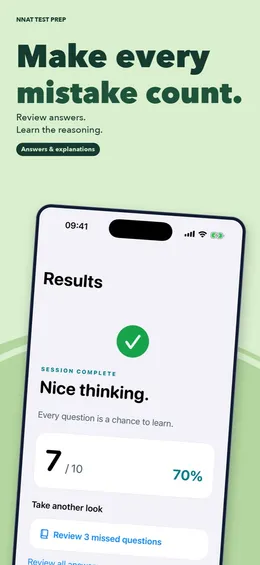 Results screen after a session: 7 of 10 correct with a link to review missed questions