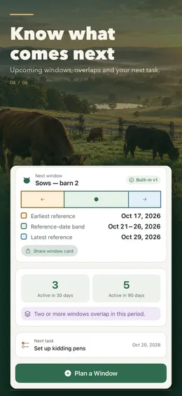 Next window card for “Sows — barn 2” with reference dates, active windows in 30 and 90 days and the next task