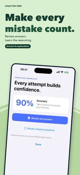 Practice complete screen with 90% accuracy and buttons to review answers