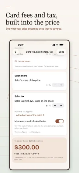 Card fee, salon share and sales tax settings, and the service price once they are covered, before and with tax