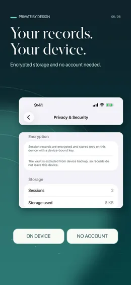 Privacy & Security screen: records encrypted with a device-bound key and excluded from device backup, with On device and No account labels