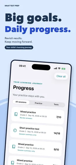 Progress list of past practice sessions and tests with their scores