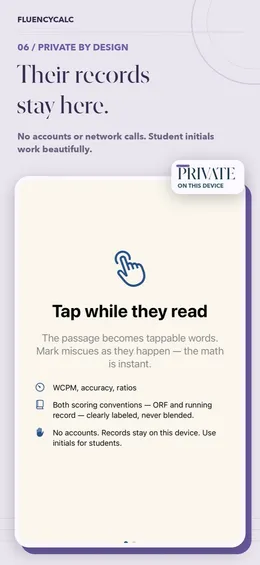 Privacy screen: tap while they read, both scoring conventions, no accounts and records stay on this device