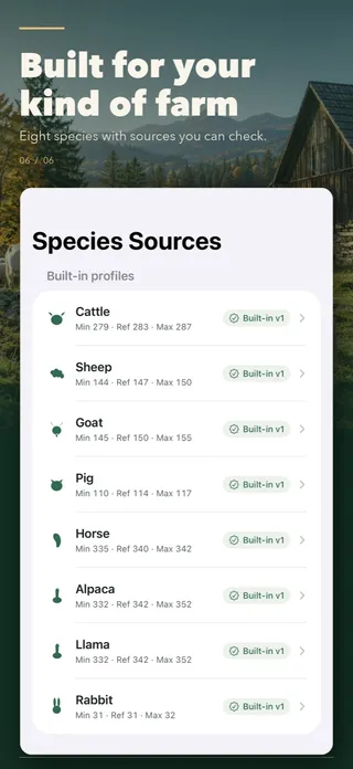 Species sources in Livestock Gestation Tracker listing horse with minimum 335, reference 340 and maximum 342 days, alongside the other built-in species