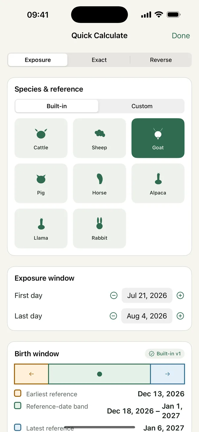 Livestock Gestation Tracker calculating a goat birth window from first and last exposure dates