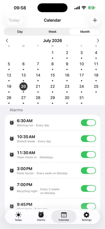 Alarm Pro calendar showing a month of upcoming alarms and the add button