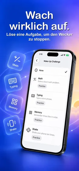 App-Store-Bild „Wach wirklich auf.“: die Auswahl der Weckaufgabe mit Math, Typing, Memory und Shake, jeweils mit Übungsknopf