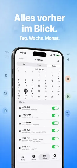 App-Store-Bild „Alles vorher im Blick.“: der Monatskalender Juli 2026 über den Weckern des Tages