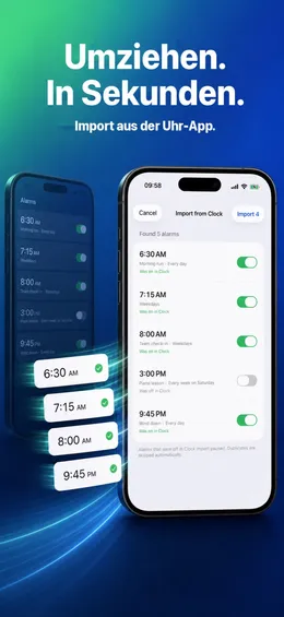 App-Store-Bild „Umziehen. In Sekunden.“: der Import aus der Uhr-App mit fünf aus Screenshots gelesenen Weckern