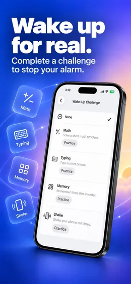 App Store image “Wake up for real”: the Wake-Up Challenge picker with Math, Typing, Memory and Shake, each with a Practice button