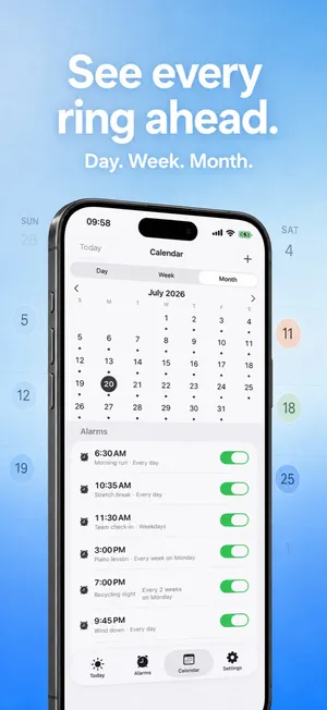 Alarm Pro App Store image: a July 2026 month calendar above the list of that day’s alarms with their repeat rules