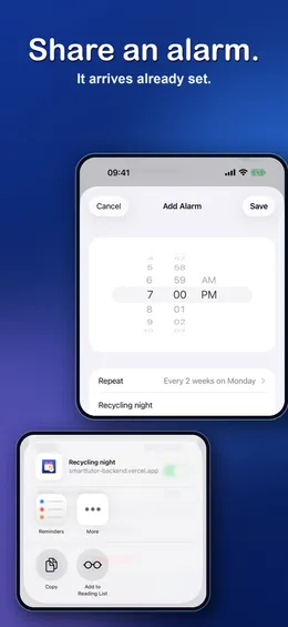 App Store image “Share an alarm”: a received alarm repeating every 2 weeks on Monday and the iOS share sheet
