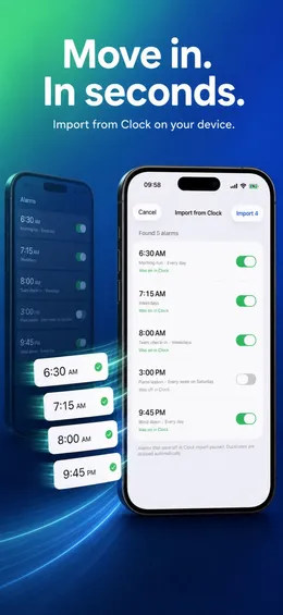 App Store image “Move in. In seconds.”: Import from Clock showing five alarms read from screenshots