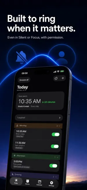 Alarm Pro App Store image “Built to ring when it matters”: the Today view with the next alarm, shown with Silent mode and Focus symbols