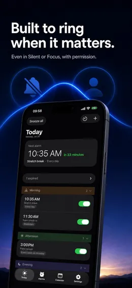 App Store image “Built to ring when it matters”: the Today view with the next alarm, shown with Silent mode and Focus icons