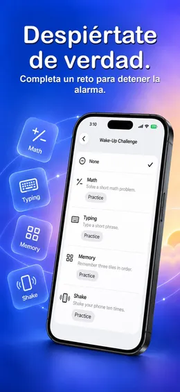 Imagen del App Store «Despiértate de verdad»: la elección del reto, Math, Typing, Memory y Shake, cada uno con botón de práctica