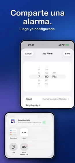 Imagen del App Store «Comparte una alarma»: una alarma recibida, cada 2 semanas los lunes, y el menú de compartir de iOS