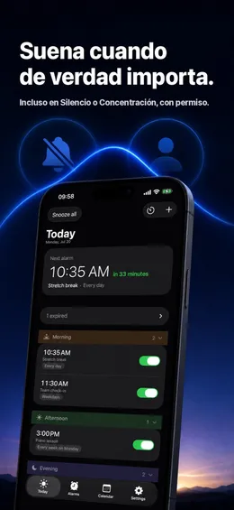 Imagen del App Store «Suena cuando de verdad importa»: la vista Today con la próxima alarma, en Silencio o Concentración