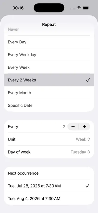 Pantalla inglesa de Alarm Pro con una alarma cada dos semanas en martes y dos fechas posibles de próxima ocurrencia