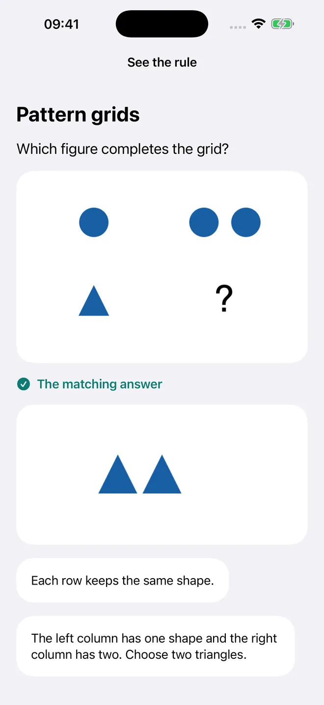 OLSAT Test Prep explanation for a pattern grid question, showing the matching answer of two triangles and two short reasoning steps