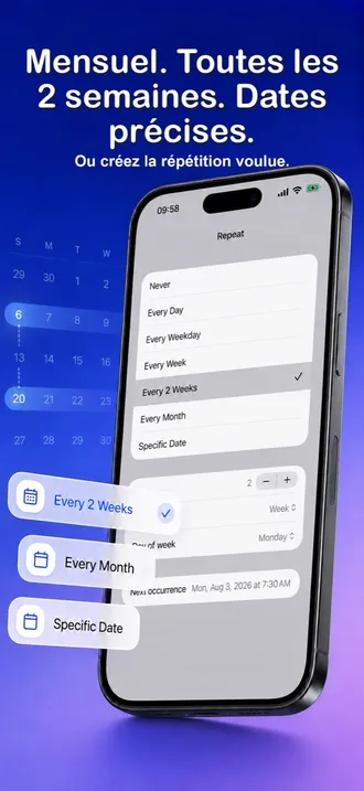 Image App Store (légende en français, interface en anglais) « Mensuel. Toutes les 2 semaines. Dates précises. » : l’écran de répétition avec Every 2 Weeks sélectionné