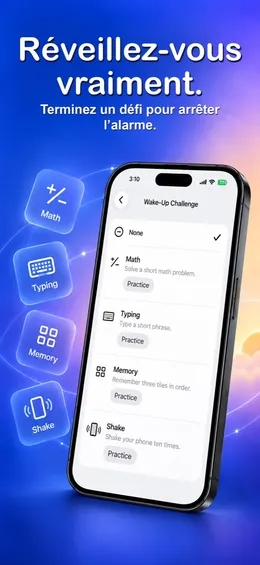 Image App Store « Réveillez-vous vraiment » : le choix du défi de réveil, Math, Typing, Memory et Shake, chacun avec un bouton d’entraînement