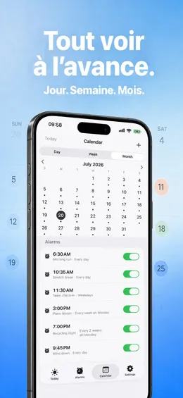 Image App Store « Tout voir à l’avance » : le calendrier mensuel de juillet 2026 au-dessus des alarmes du jour