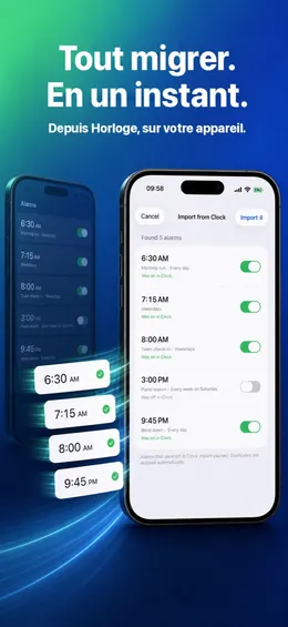 Image App Store « Tout migrer. En un instant. » : l’import depuis Horloge avec cinq alarmes lues dans des captures