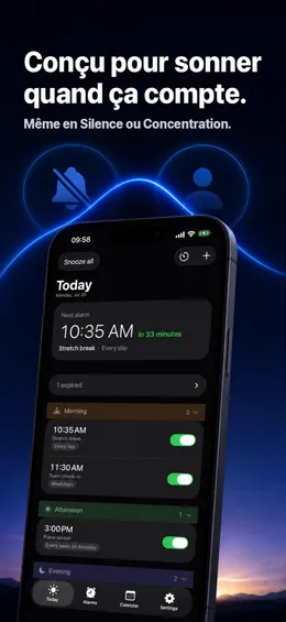 Image App Store « Conçu pour sonner quand ça compte » : la vue Today avec la prochaine alarme, en mode Silence ou Concentration