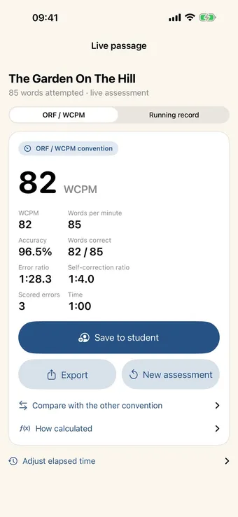 FluencyCalc live reading result showing WCPM, accuracy, errors, and student save actions