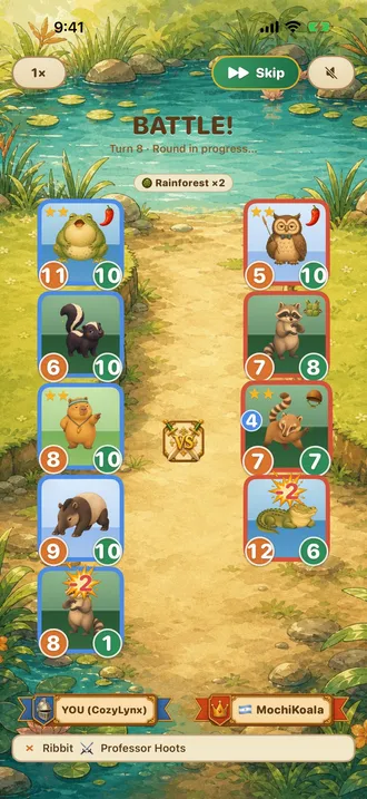 Capybara Arena auto-battle with a team of animals on the game board