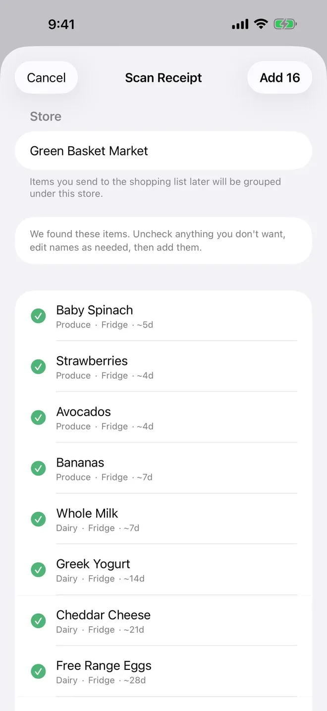 PantryPals receipt scan review with detected grocery items