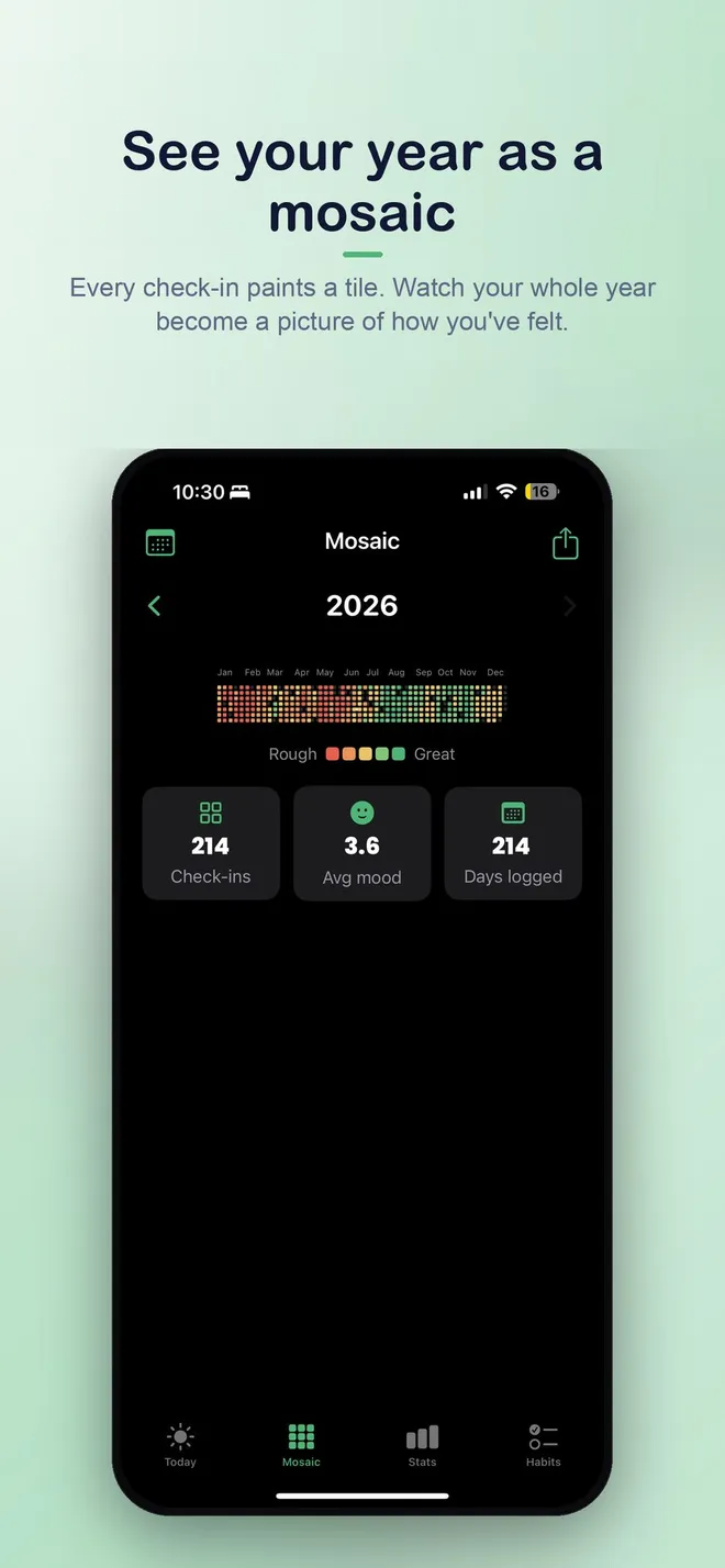 My Mood Mosaic screenshot showing a year-in-pixels mood calendar