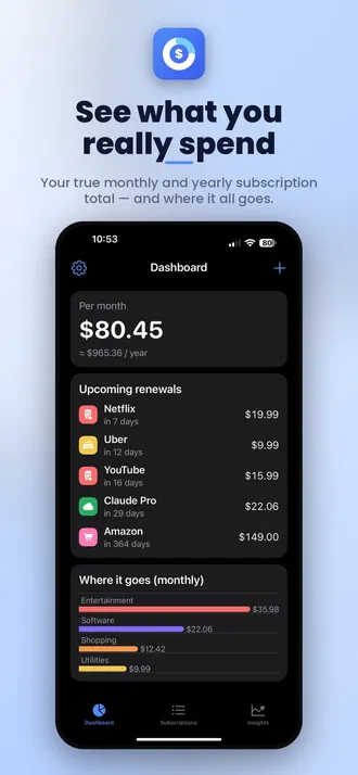 SubsSnap App Store screenshot showing the subscription tracker interface