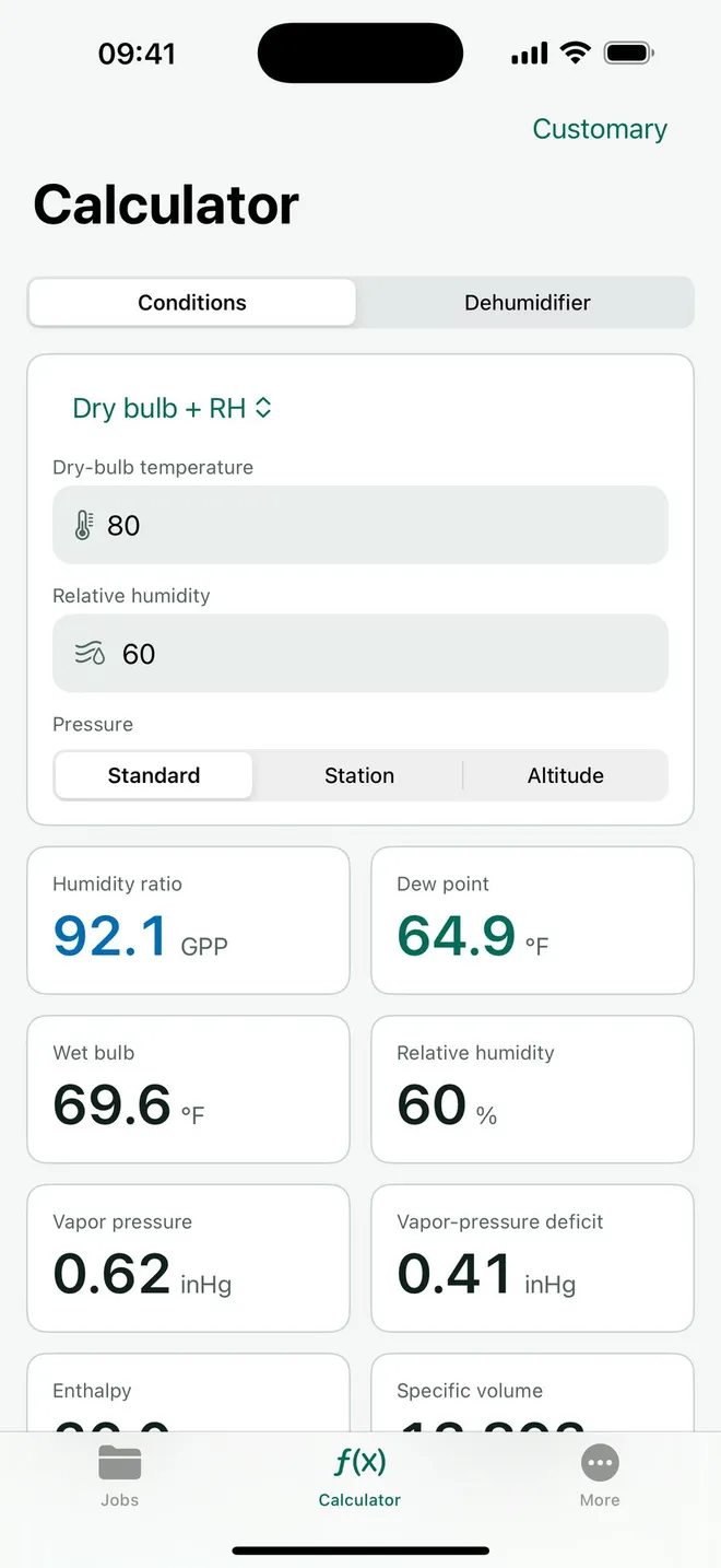 Restoration Drying Calc screen showing psychrometric inputs and GPP results
