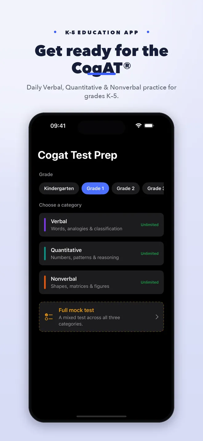 CogAT Test Prep home screen with kindergarten through fifth-grade choices and verbal, quantitative, and nonverbal categories