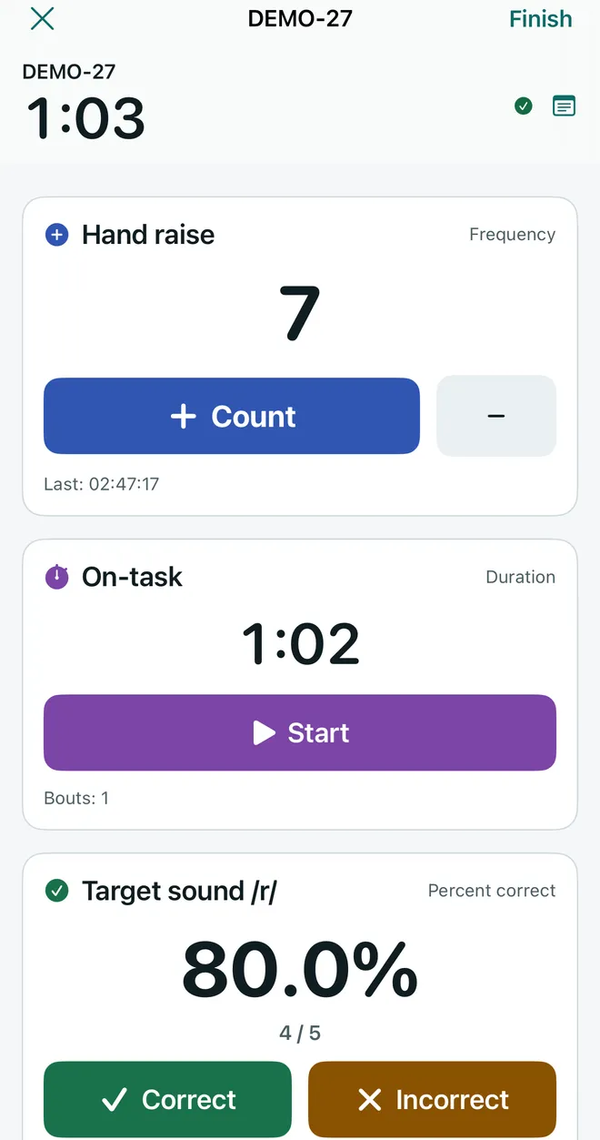 Live session for sample client code DEMO-27 at 1:03, with a Hand raise frequency card showing 7 and a Count button, an On-task duration card at 1:02 with a Start button, and a Target sound /r/ percent-correct card at 80.0%, 4 of 5, with Correct and Incorrect buttons