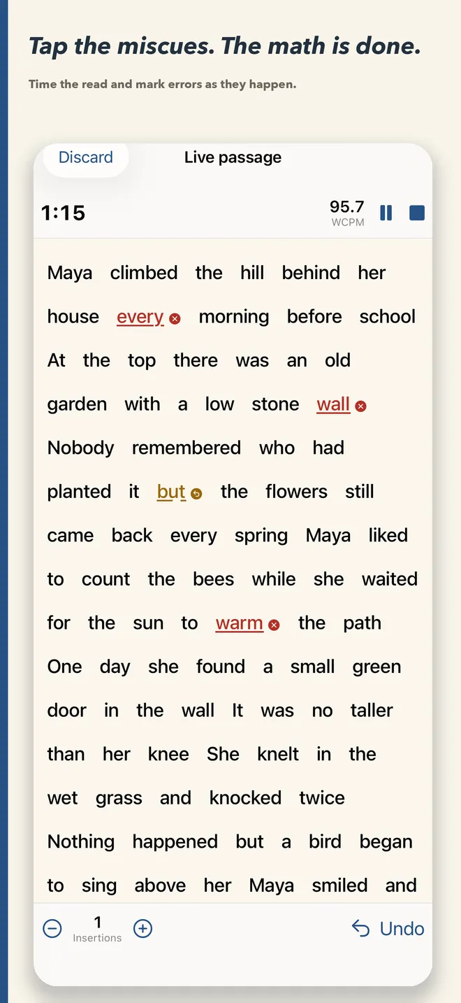 FluencyCalc live oral reading assessment with timer, tappable passage words, marked miscues, and running WCPM